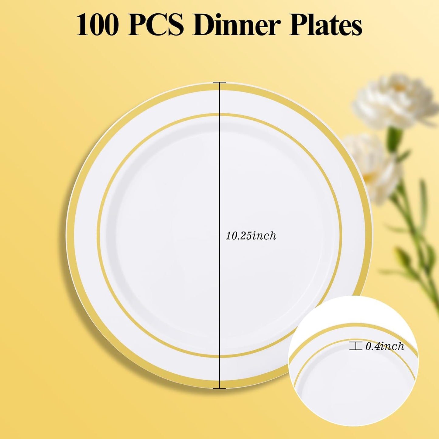 Goodluck 100PCS Gold Plastic Plates, 10.25 Inch Dinner Plate with Gold Rim, Heavy Duty Disposable Plastic Plates for Party, Wedding, Birthday & Daily Use