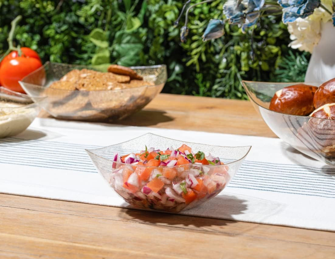 Posh Setting - Gold Glitter Plastic Serving Bowls for Party (16oz - 4 Pack) Square, Disposable, Candy Containers for Candy Buffet