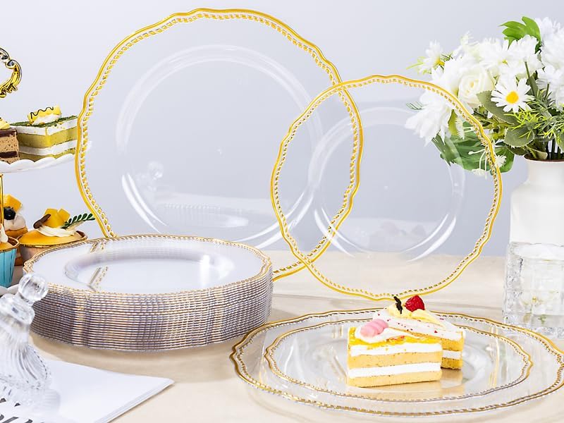 Hioasis 60pcs Clear Plastic Plates - Clear and Gold Disposable Dinnerware with Gold Rim, Heavy-duty, 10.25 inch, Dinner Plates for Party & Wedding