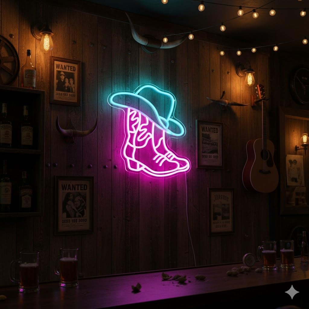 Cowboy Boot and Hat LED Neon Sign,Western Country Wall Decor for Bar, Man Cave, Garage,Pink White Aesthetic Rodeo Neon Light, Unique Christmas Birthday Gifts(13x15 in)