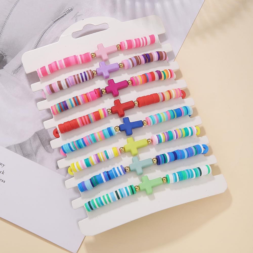 Heishi Surfer Clay Bead Bracelets Set for Women - Preppy Smile Evil Eye Beaded Stretch Bracelets Elastic Layering Friendship Bracelets- Stackable Boho Disc Summer Jewelry Set