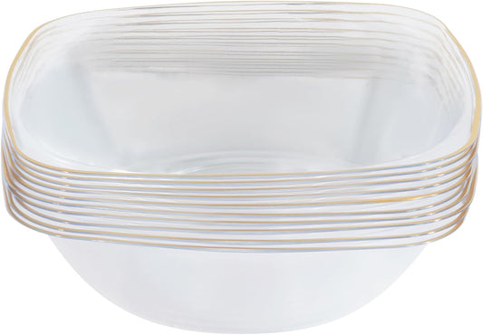 PLASTICPRO White Plastic Organic Party Square Dessert bowls Clear With Gold Rim Elegant Disposable Tableware Dishes 6 OZ 32 Count