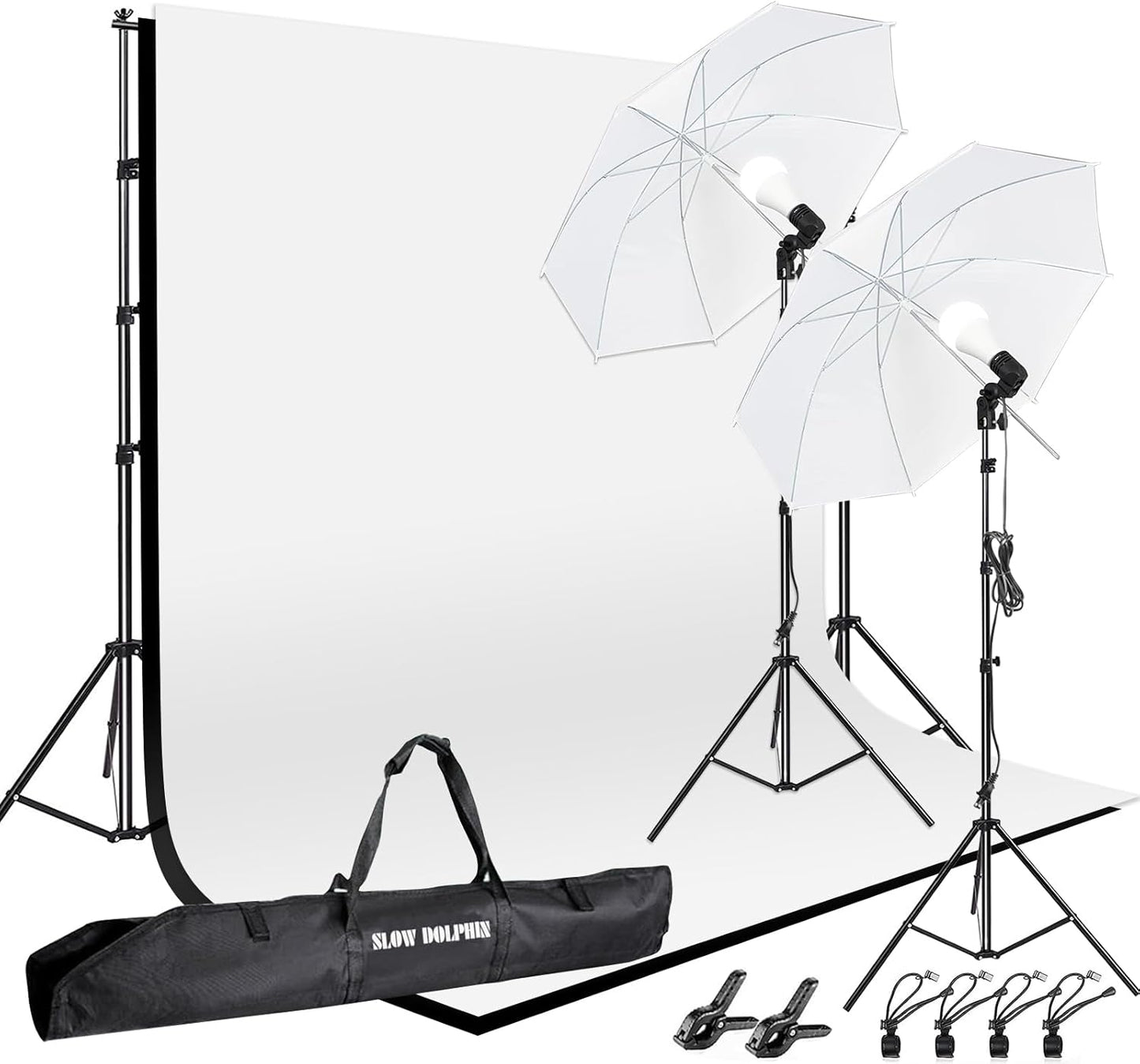 SLOW DOLPHIN 10 x 8.5 ft Photography Photo Video Studio Background Stand Support Kit with Muslin Backdrop (White Black), 5500K 85W LED Blub, Umbrella Lighting Kit for Studio, Portrait, Video Shooting