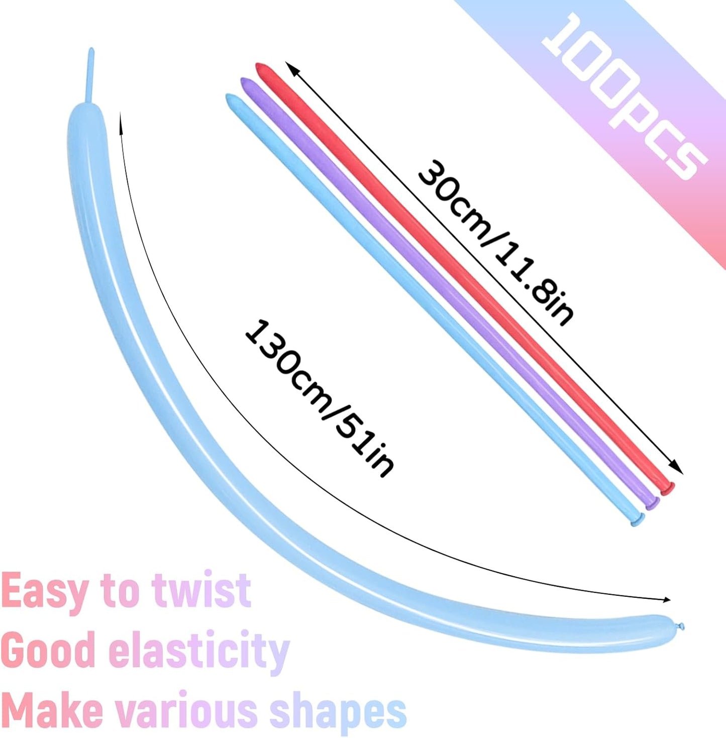 100Pcs Pastel Long Balloons forTying Balloon Arch, Assorted 260q Balloons Thickening Skinny Latex Twisting for Animals Shape modeling.