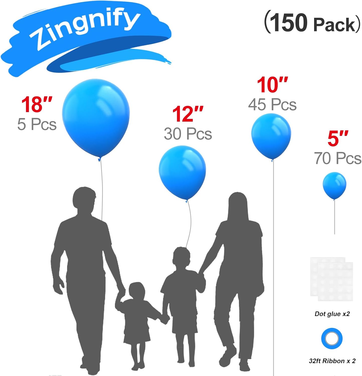 Blue Balloons, 150 pcs Different Sizes Pack of 18 Inch 12 Inch 10 Inch 5 Inch Matte Blue Balloons for Balloon Garland Balloon Arch as Birthday Party Wedding Decorations