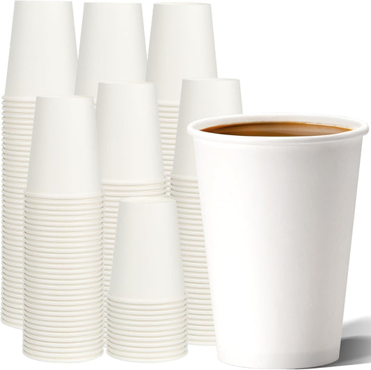 Disposable Paper Cups 12 oz [100 Pack], White Hot Coffee Cups, 12 oz Paper Coffee Cups, Thickened Design for Cafes, Bistros, Parties, and Events