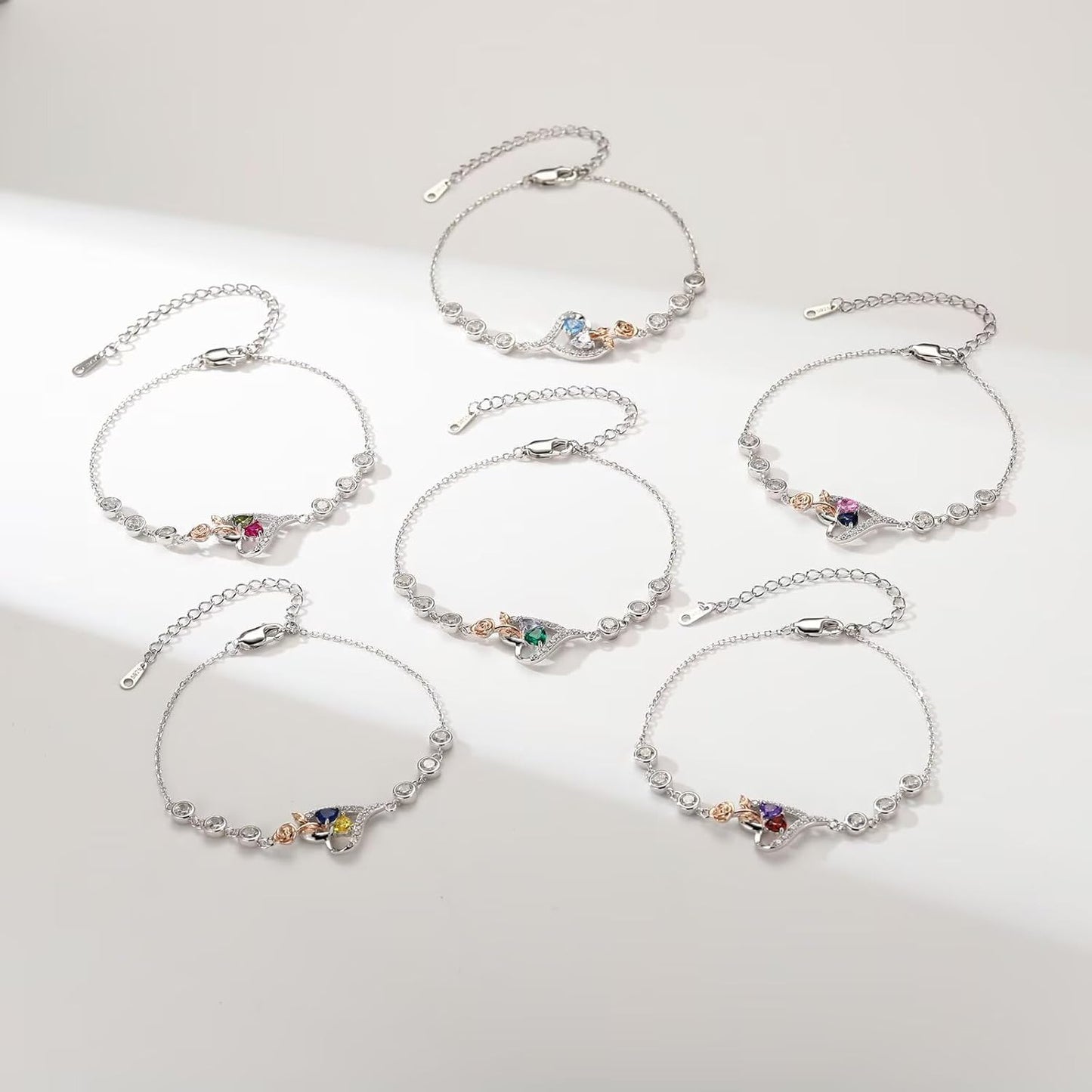 Iefil Christmas Gifts for Women - Birthstone Bracelet for Women, 925 Sterling Silver Rose Heart Charm Bracelets, Anniversary Birthday Gifts for Women Wife Mom Daughter, 6"+2"