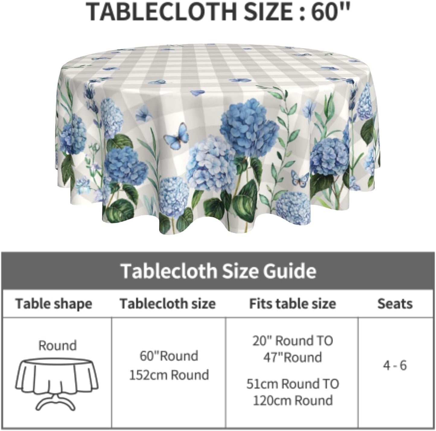 Giwawa Spring Summer Round Tablecloth 60in Watercolor Blue Hydrangea Floral Butterfly Table Cover Grey Buffalo Plaids Washable Table Cloth for Dining Kitchen Picnic Indoor Outdoor Decor