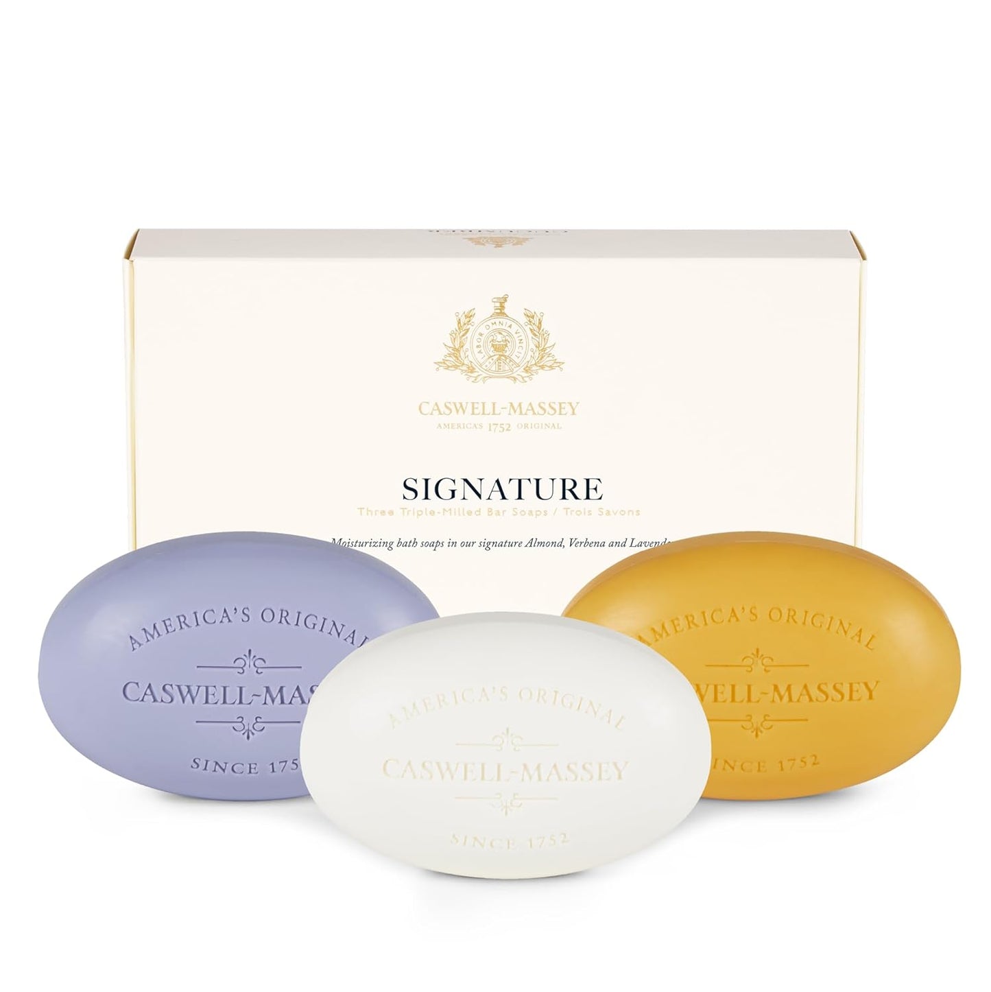 Caswell-Massey Natural Bar Soap Gift Set, Almond, Verbena, Lavender Scents, Triple-Milled Moisturizing Body Soap, Plant-Based for All Skin Types, Men, Women, Made in USA, 3 Bars, 5.8 oz Each