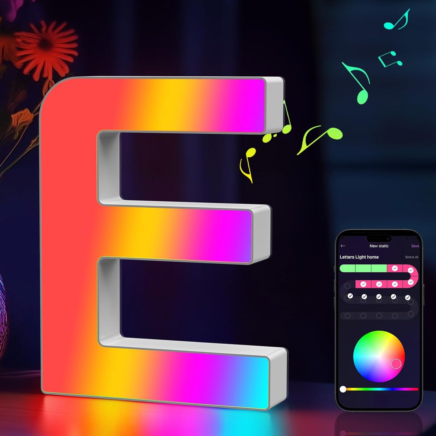 Light Up Letters Marquee Letter - Music Sync RGB Color Changing LED Lights Letter Logo Game Lights for Girls Women Party Birthday Christmas Valentine's Day Wall Desktop Decoration (MRGB-E)
