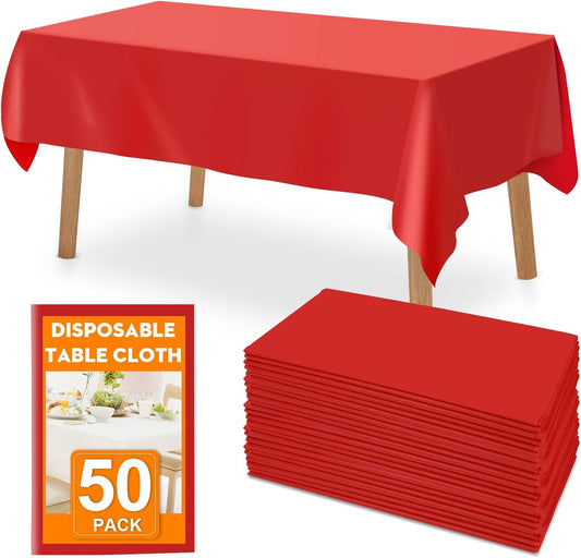 50 Pack Red Plastic Table Cloths Disposable, 54 x 108 Inches Plastic Table Cover for Rectangle Tables, Disposable Tablecloth for Dinning, Parties, BBQ, Wedding, Outdoor