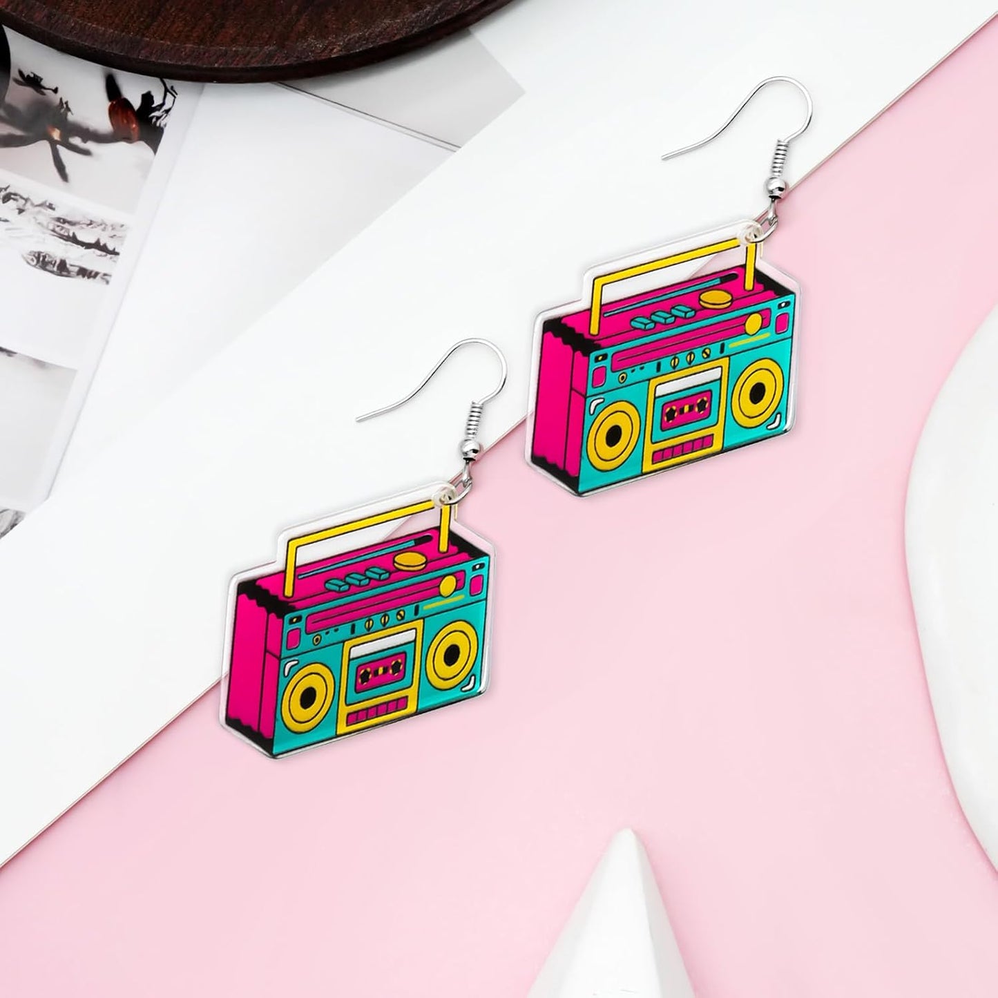 80s 90s Retro Cassette Tape Neon Earrings for Women Acrylic Radio Earring Set for 80s 90s Accessories Cosplay Party Jewelry Gifts