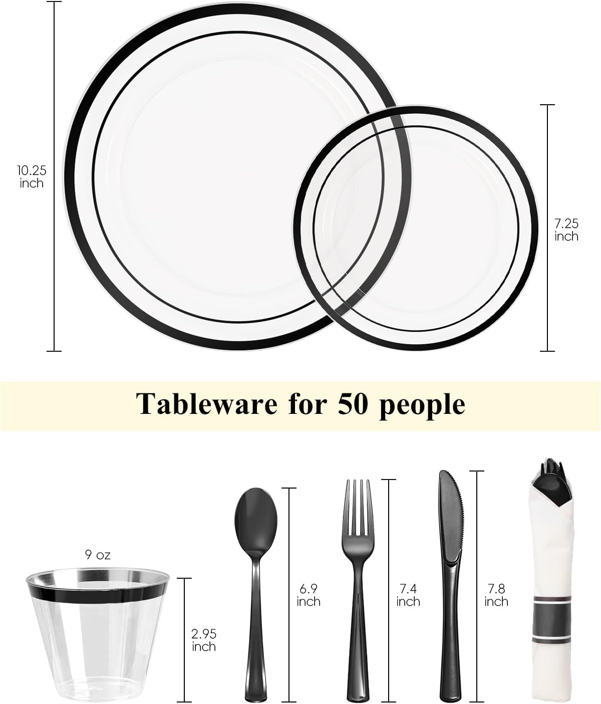 Goodluck 350 Piece Black Plastic Plates, Clear Plastic Silverware Disposable Plates Set, Include 100Plates, 50Pack Pre Rolled Napkins with Silverware, 50Cups for Party, Wedding, Graduation