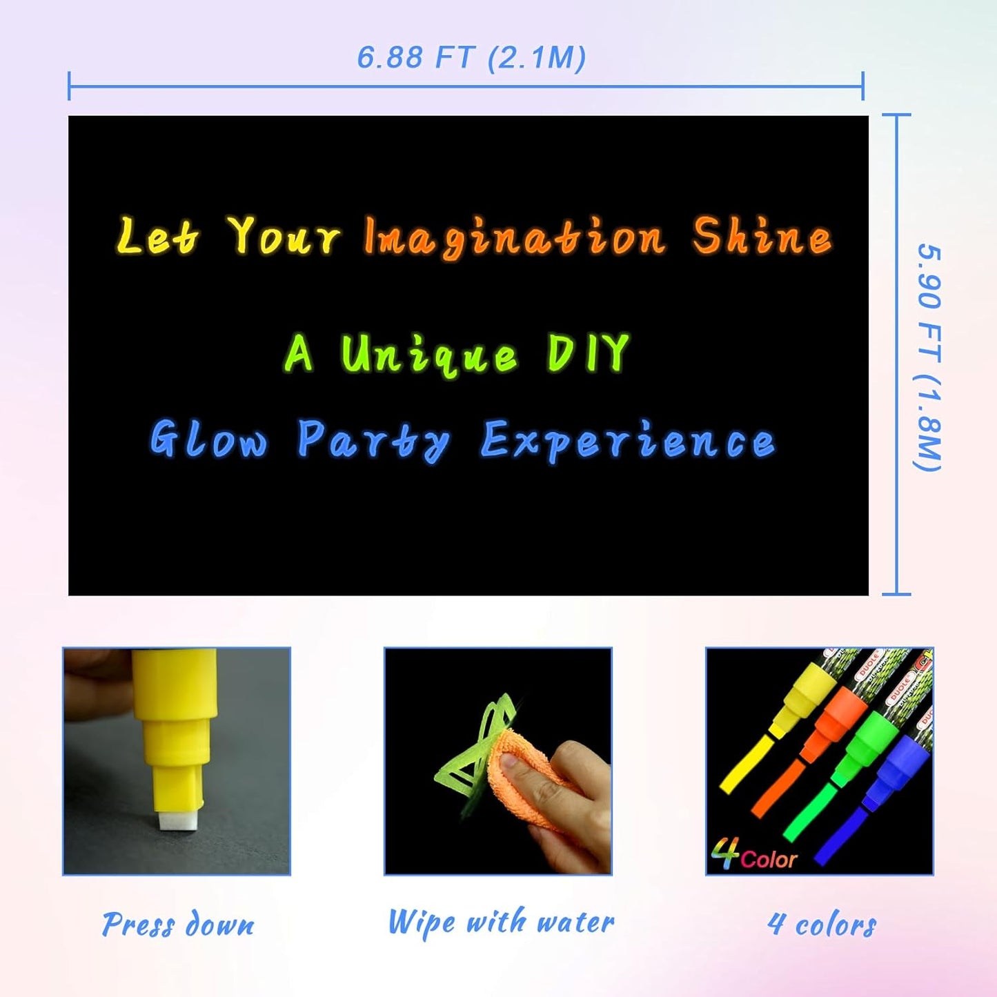 Mega-L Glow In The Dark Party Supplies, Neon DIY party decorations with 4 fluorescent colored pens, Let’s Glow Photography Background Birthday Sleepover Graffiti Black Light Photo Booth (5.2x6.8 feet)