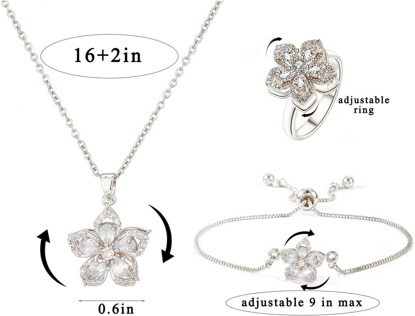 Necklace for Women Gold Flower Fidget Necklace Rotatable Crystal Silver Blossom Pendant Necklaces Adjustable Spinning Fidget Necklaces Redbud Flower Choker Funny Gift Jewelry