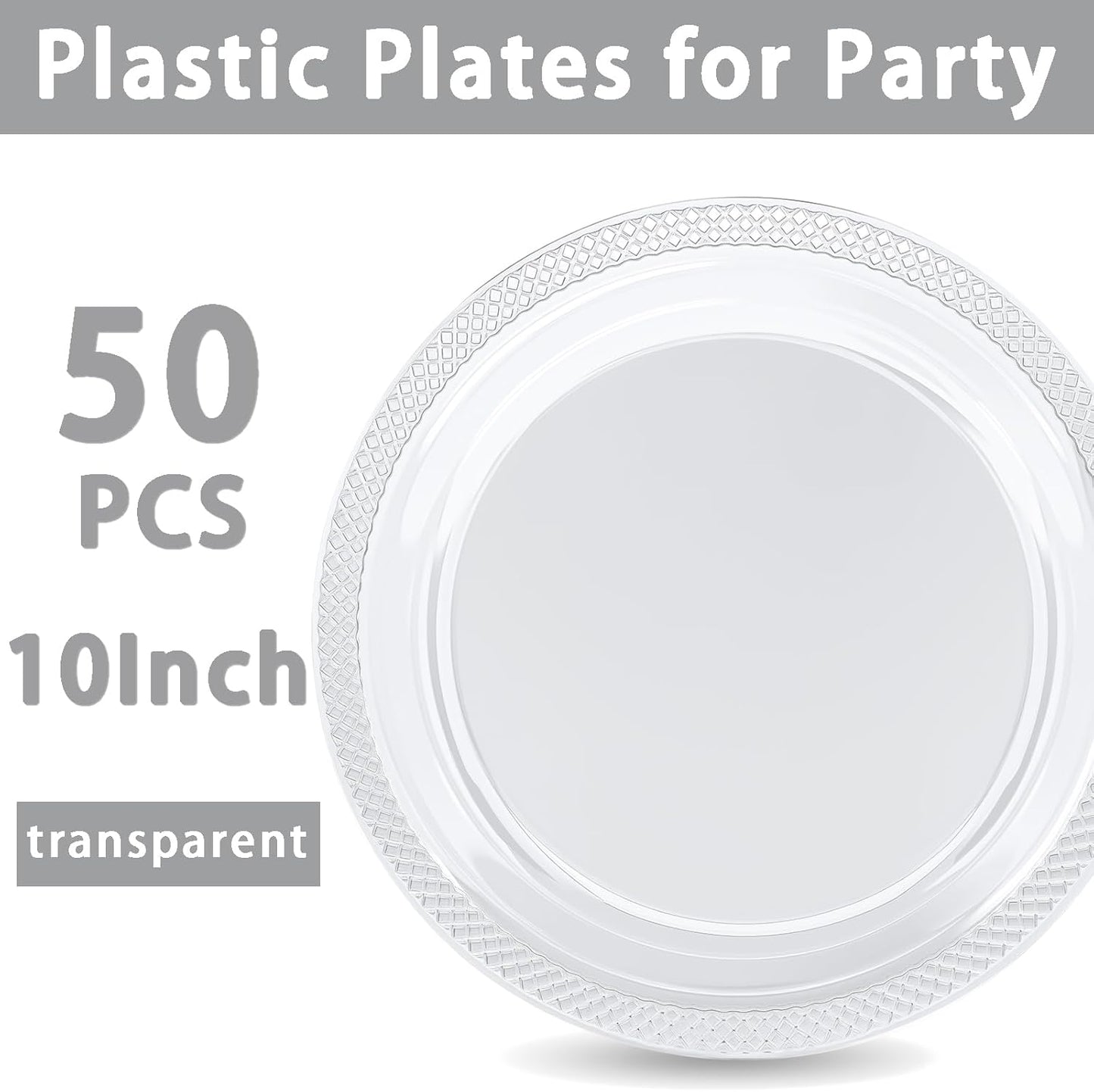 WELLIFE 10 Inch Plastic Plates Clear 50 Count Disposable Plate for Party, Large Big Plates for Dinner Party Supplies Birthday Camping BBQ