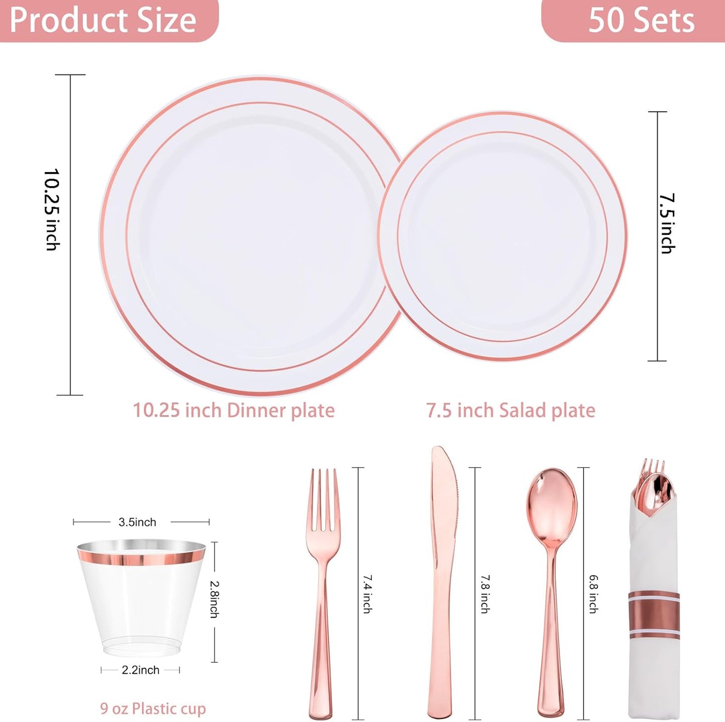 WELLIFE 350Pcs Rose Gold Plastic Plates for 50 Guests - Plastic Dinnerware Set,Party Supplies Includes 100 Rose Gold plates,150 Silverware,50 Napkins,50 Cups for Party and Thanksgiving