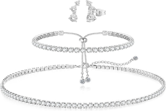 Luxval Tennis Necklace Set for Women Tennis Bracelets Diamond Earrings Sterling Silver Necklace Wedding Jewelry for Bride Silver Jewelry Sets for Women Gift