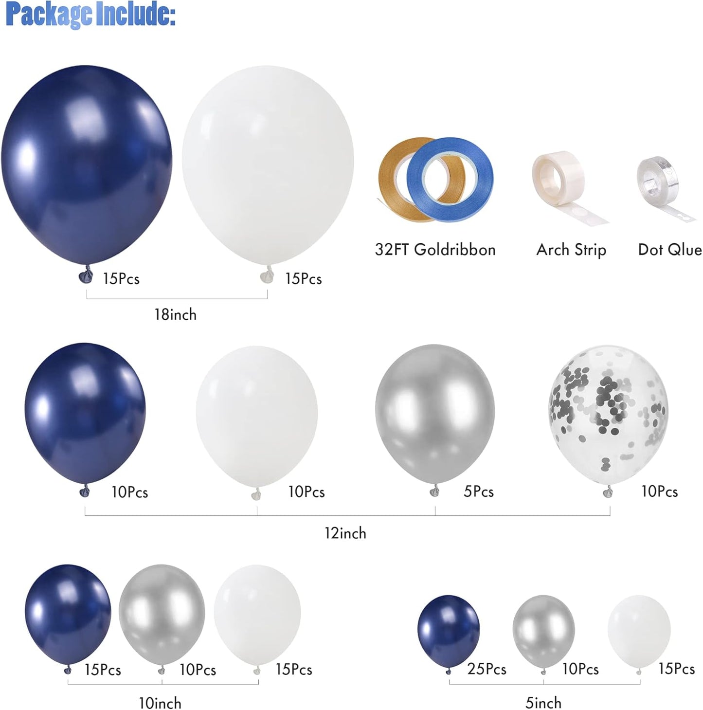 CANREVEL 127pcs Navy Blue Silver Balloons Garland Kit White Silver Confetti Balloons Arch Kit for Birthday Party Baby Shower Wedding Graduation Prom Decorations