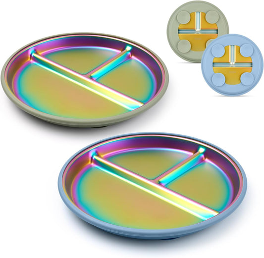 Stainless Steel Toddler Plates with Suction, 9" BPA-Free Rainbow Baby Plates 2pcs with Removable Food-Grade Silicone Base, Divided Kids Plates Dishwasher Safe, Blue & Green