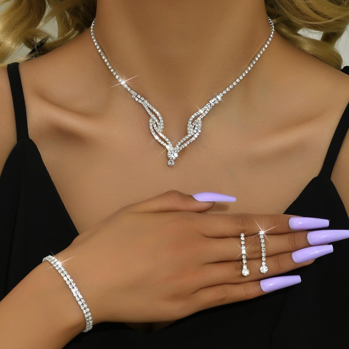 Prom Earrings Necklace Bracelet Set Elegant Crystal Rhinestone Necklace Earrings Bracelet Bridal Wedding Prom Dresses Costume Outfit Gold Jewelry Sets for Women