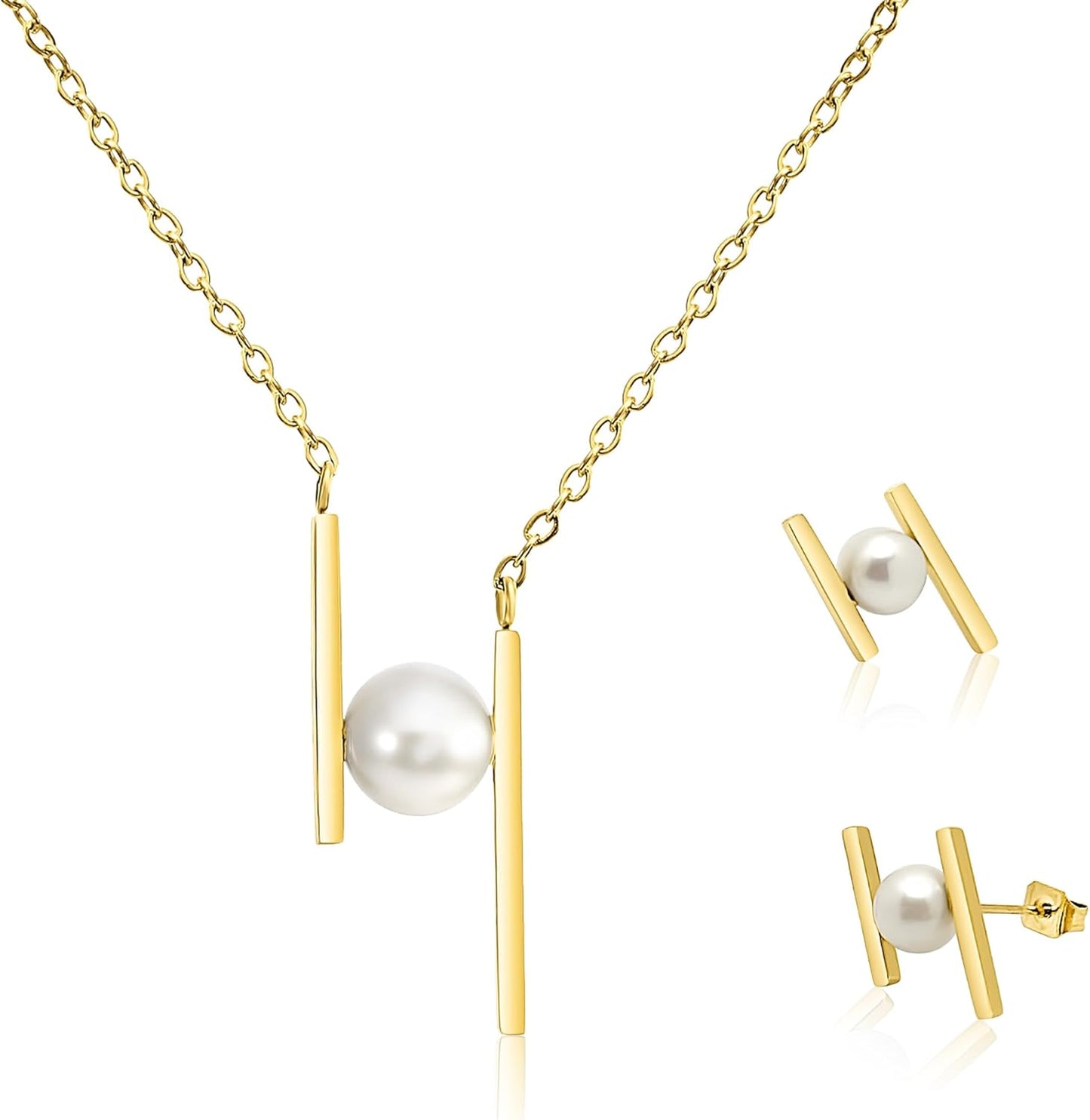 Pearl Necklace and Earring Set, 18K Gold Plated Earrings and Necklace Set for Women, Dainty Freshwater Pearl Jewelry Set for Women Gift