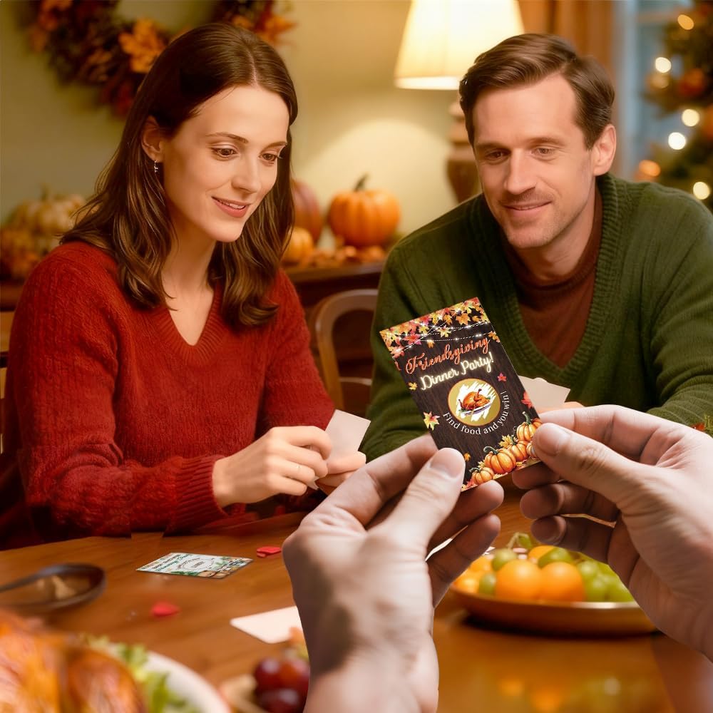 50 Pack Friendsgiving Dinner Party Scratch Off Game, Turkey Scratch Cards for Dinner Game, Thanksgiving Raffle Tickets for Birthday Games, Baby Shower, Fall Thank You Party Games