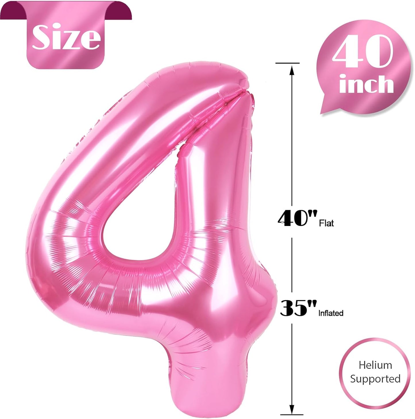 Pink 4 Balloon, Number Balloons 40 Inch, 4th Birthday Decorations for Girls Four Large Numbers for Party Decor, Number 4 Balloon