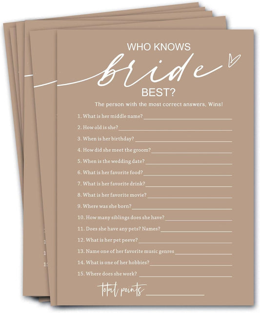 Bridal Shower Games Cards, Who Knows The Bride Best, 25 Guest Engagement Party Wedding Games - Minimalist Brown Wedding Party Supplies D03