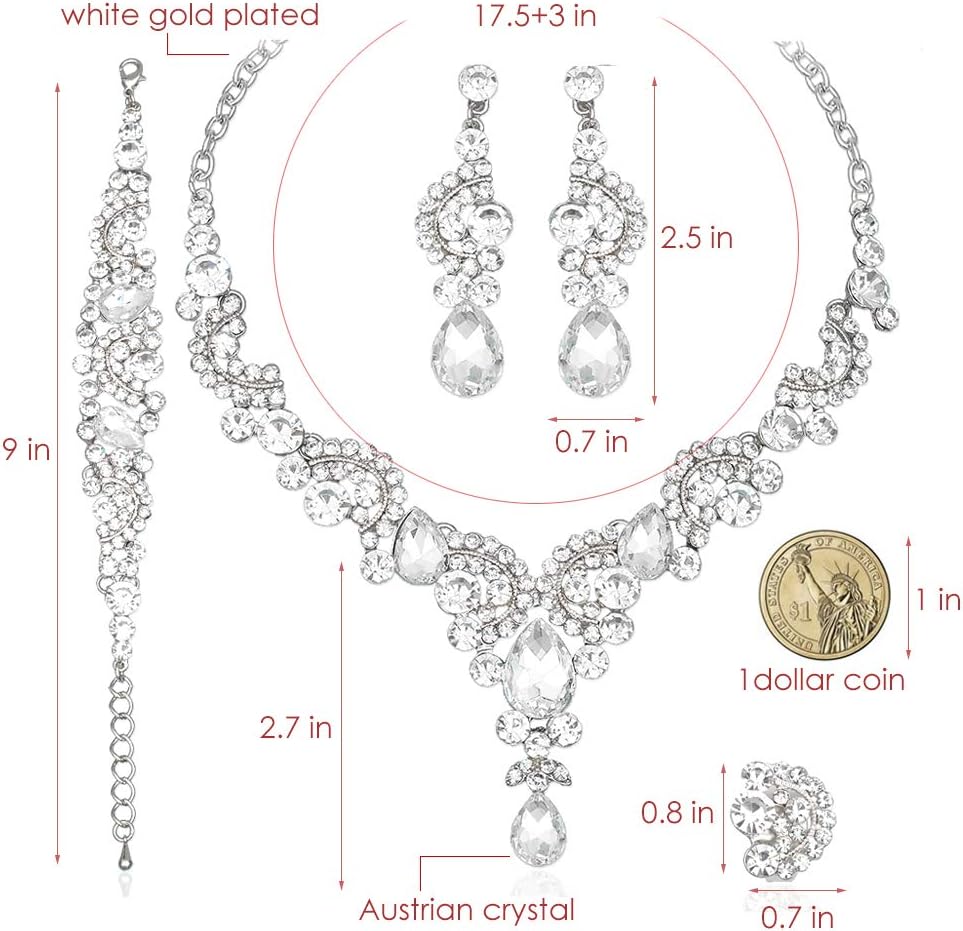 CSY Elegant Crystal Necklace Earrings Bracelet Ring Bridal Wedding Party Costume Jewelry Sets for Brides Women