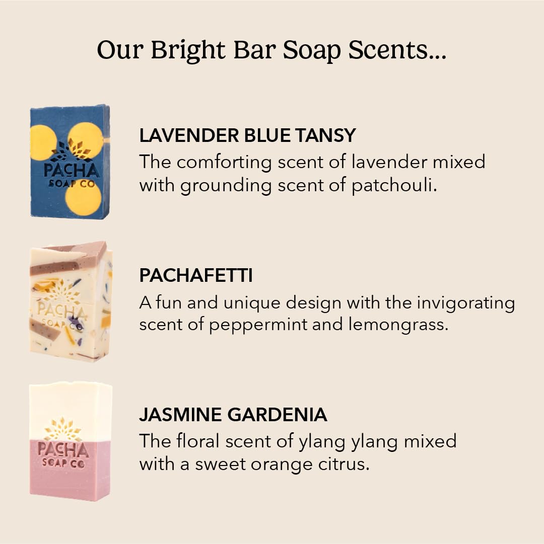 Pacha Soap Co. Bar Soap, Bright Bubbles Bundle - Jasmine Gardenia, Lavender & Blue Tansy & Pachafetti, Handmade, Hydrating, Artisan Face Wash, Hand Cleanser & Body Wash, Made in USA, 3-Pack (4 oz ea)