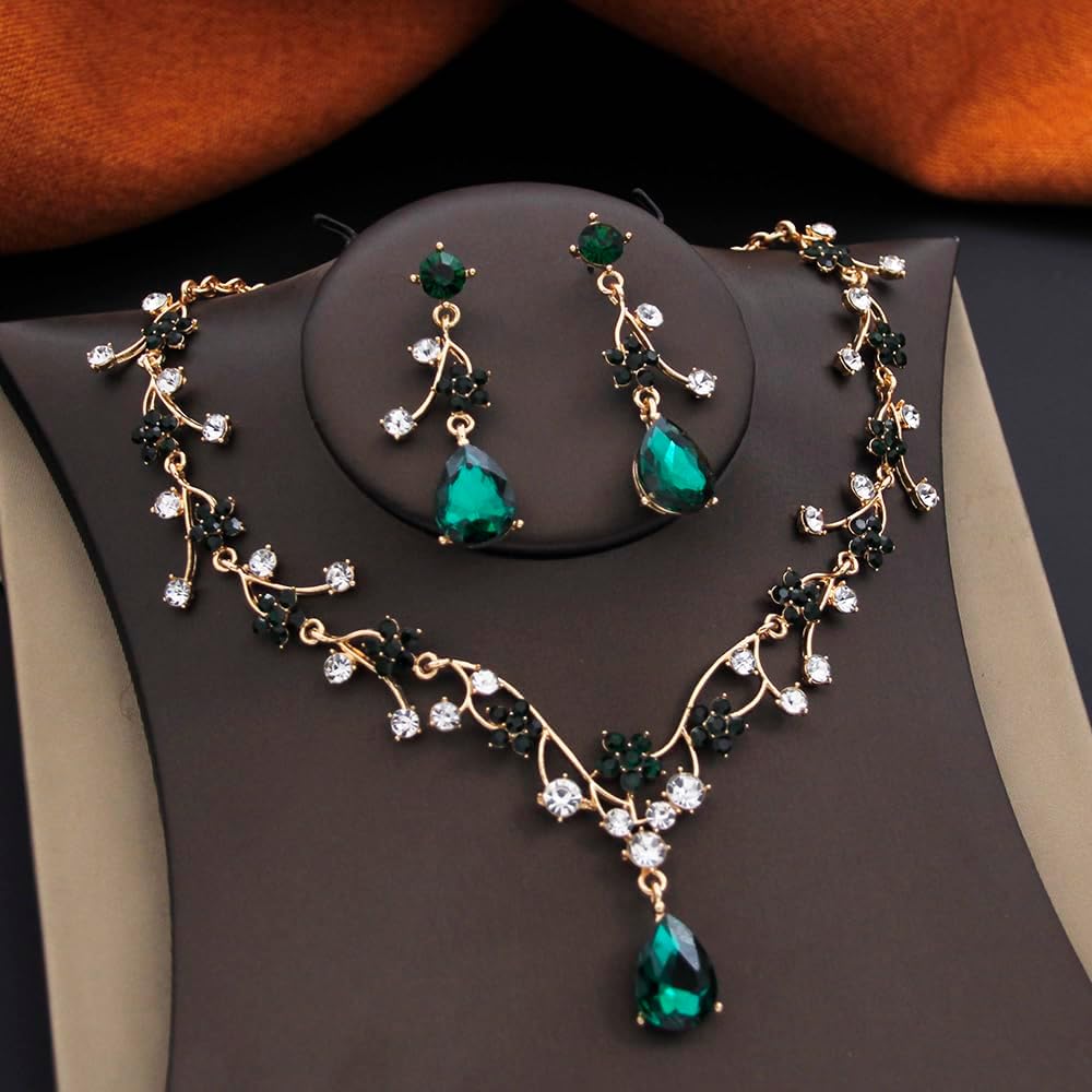 Jewelry Sets for Women Wedding Flower Necklace and Dangle Earrings Gold-Plated Rhinestones Teardrop Pendants Necklace Set for Bridal Party Accessories
