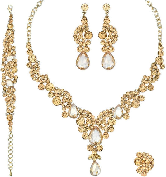 CSY Elegant Crystal Necklace Earrings Bracelet Ring Bridal Wedding Party Costume Jewelry Sets for Brides Women