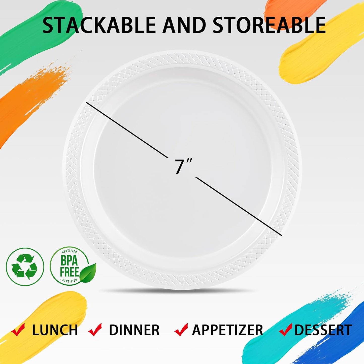 WELLIFE 7 Inch White Dessert Plates 150 Count, White Plastic Disposable Plates for Party Dessert Appetizers Salad Wedding Engagement Birthday