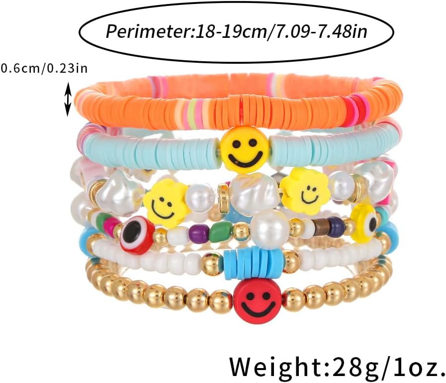 Friendship Bracelets for Women - Heishi Surfer Colorful Smile Evil Eye Clay Beaded Stretch Bracelets Elastic Layering - Stackable Boho Disc Y2K Aesthetic Summer Jewelry Set.