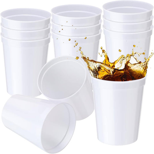 Yungyan 12 Pack 16oz Stadium Cups Reusable Plastic Cups Blank Drink Tumblers for Parties, Events, DIY Projects, 4.5 x 3.54 x 2.72 Inch (White)