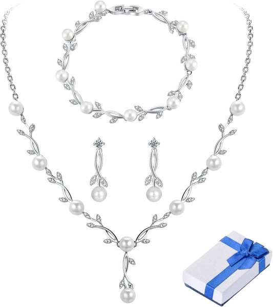 Wedding Silver Jewelry Set for Women Cubic Zirconia Necklace Earrings Bracelet Sets for Bride Wedding Costume Jewelry for Bridesmaid