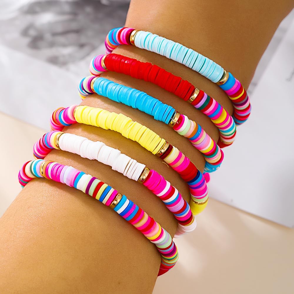 Friendship Bracelets for Women - Heishi Surfer Colorful Smile Evil Eye Clay Beaded Stretch Bracelets Elastic Layering - Stackable Boho Disc Y2K Aesthetic Summer Jewelry Set.