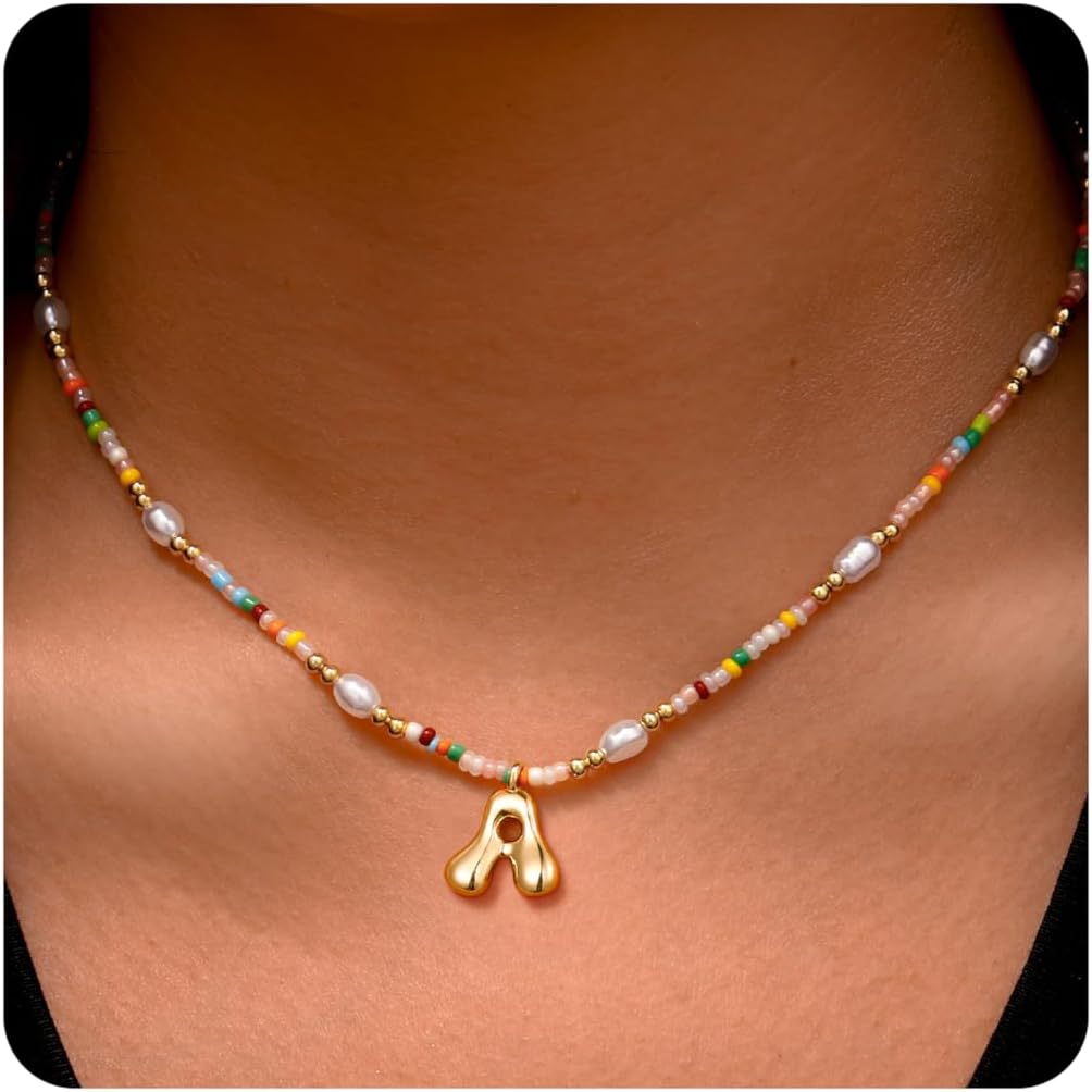 Ritach Initial Necklaces for Women Girls - Christmas Gifts for Grandkids Light Colorful Beaded Pearl Initial Necklace Gold/Silver Bubble Pendant Letter Necklace Stocking Stuffers for Teen Girls Women