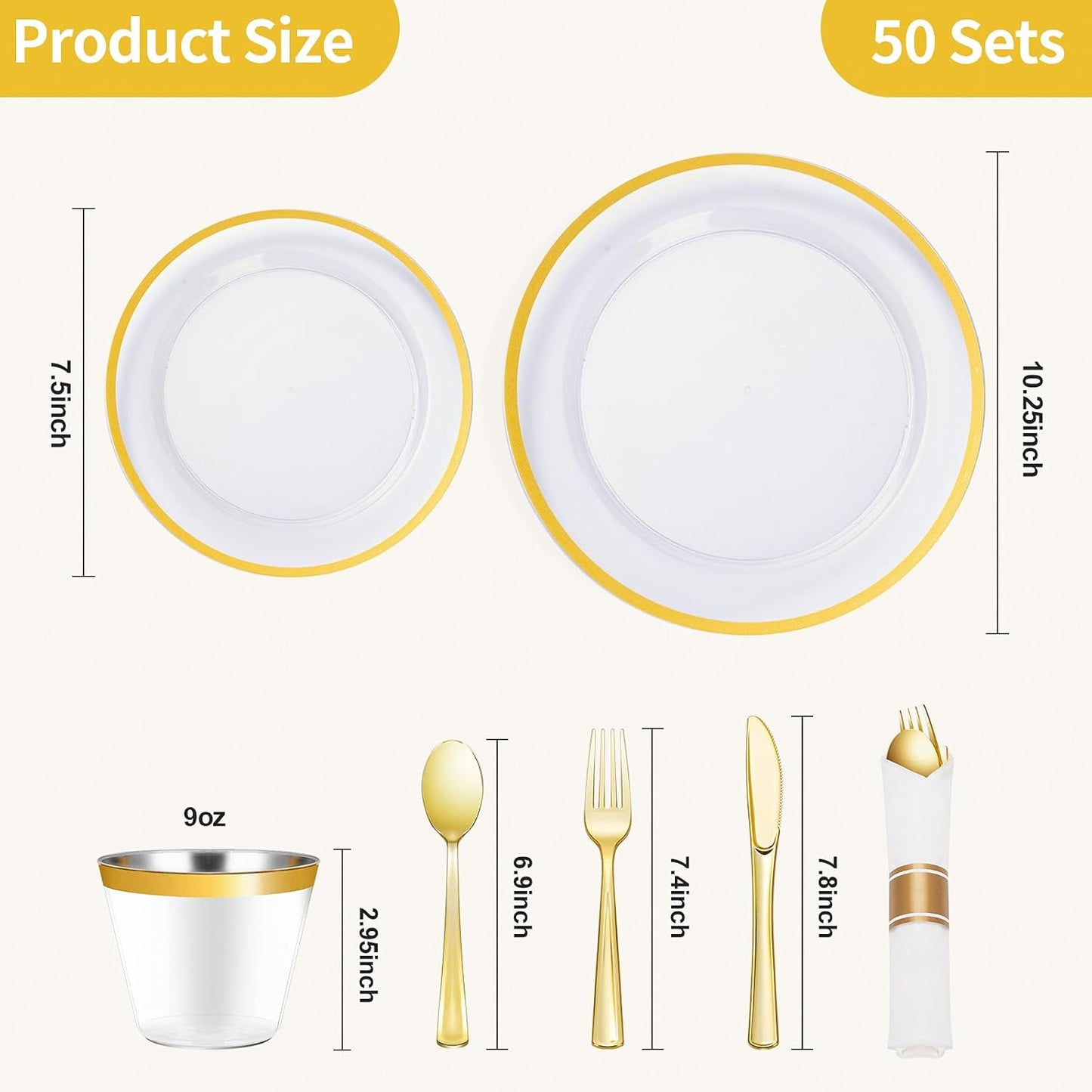 Goodluck 350 Piece Gold Plastic Dinnerware Set for Party, Clear Disposable Plates for 50 Guests, Include: 50 Dinner Plastic Plates, 50 Dessert Plates, 50 Pre Rolled Napkins with Cutlery Set, 50 Cups