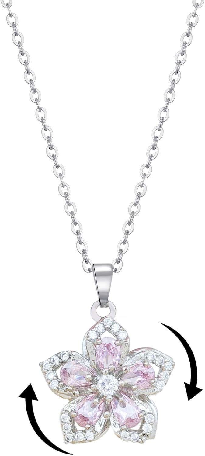Necklace for Women Gold Flower Fidget Necklace Rotatable Crystal Silver Blossom Pendant Necklaces Adjustable Spinning Fidget Necklaces Redbud Flower Choker Funny Gift Jewelry