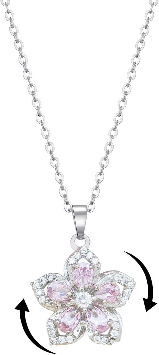 Necklace for Women Gold Flower Fidget Necklace Rotatable Crystal Silver Blossom Pendant Necklaces Adjustable Spinning Fidget Necklaces Redbud Flower Choker Funny Gift Jewelry