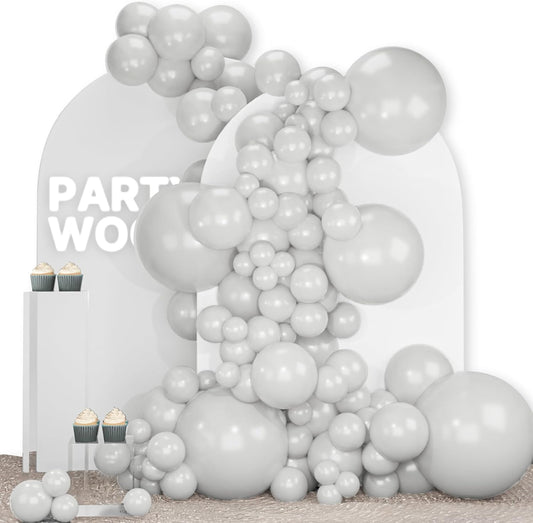 PartyWoo Grey Balloons 140pcs Different Sizes Pack of 18 12 10 5 Inch Light Pastel Pale Gray Latex Balloon Arch Kit Garland for Baby Shower Graduation Wedding Birthday Party Decorations Gray-Y76