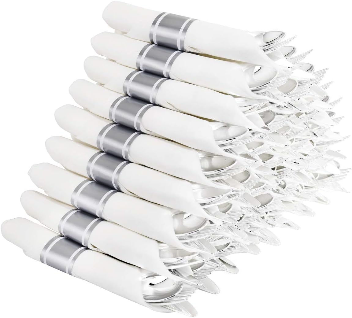 Supernal 60 Pack Silver Plastic Silverware,Pre Rolled Silverware,Premium Disposable Silver Cutlery,Suit for Wedding,Catering Event,Birthday,Party