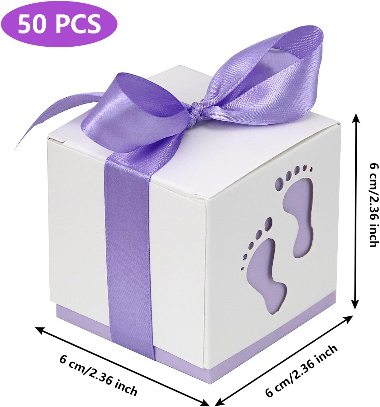 50pcs Baby Shower Party Favor Boxes, Footprint Design Candy Treat Gift Boxes for Kids Birthday Baby Shower Guests Wedding Party Supplies with Ribbon,Purple