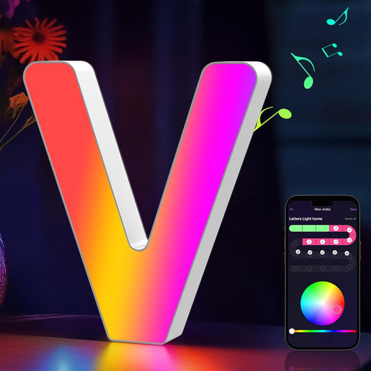 Light Up Letters Marquee Letter - Music Sync RGB Color Changing LED Lights Letter Logo Game Lights for Girls Women Party Birthday Christmas Valentine's Day Wall Desktop Decoration (MRGB-V)