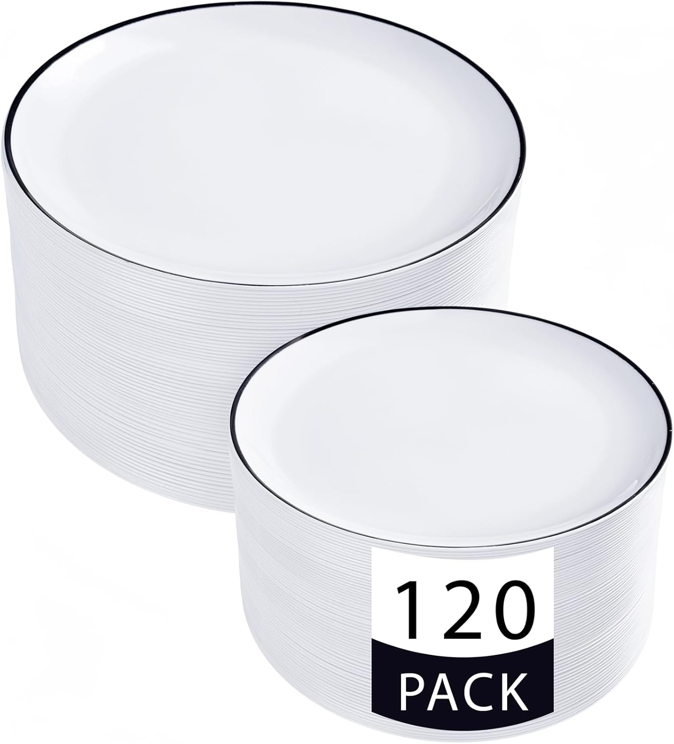 LIYH 120 Pcs White Plastic Plates with Black Rim - Halloween Plates Disposable Plate Dishes for Party Wedding Includes 60 Dinner 10.25" & 60 Dessert Plate 7.5" for Party Birthdays Halloween 60 Guests