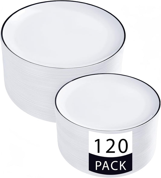 LIYH 120 Pcs White Plastic Plates with Black Rim - Halloween Plates Disposable Plate Dishes for Party Wedding Includes 60 Dinner 10.25" & 60 Dessert Plate 7.5" for Party Birthdays Halloween 60 Guests