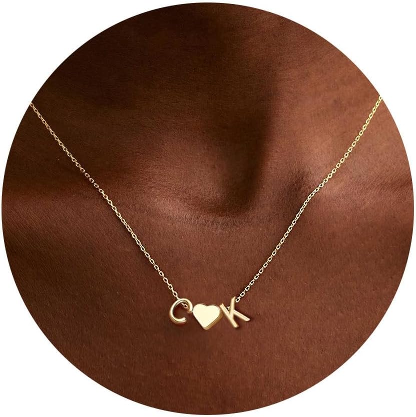 Turandoss Heart Initial Necklace for Women Teen Girls, 14K-Gold-Plated Dainty Letter A-Z Initial Necklace with Heart, Personalized Jewelry Birthday Gifts for Women