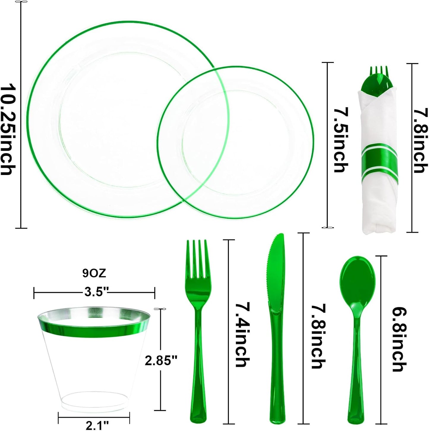 SUT 175 Pcs Green and Clear Plastic Dinnerware Set for 25 Guests, Include: 25 Dinner Plates, 25 Dessert Plates, 25 Pre Rolled Napkins With Silverware, 25 Cups, Disposable Plates for Party, Christmas